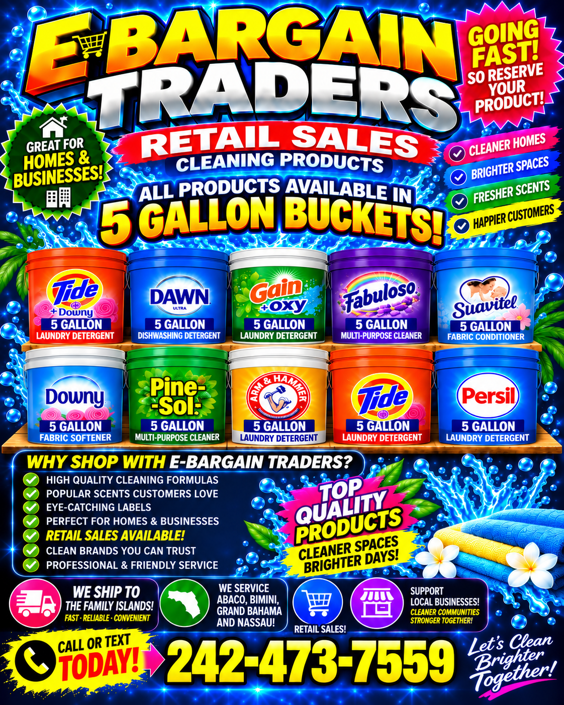 eBargain Traders flyer featuring 5-gallon cleaning products and island shipping